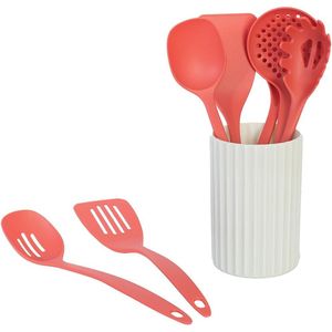 Ensemble de 8 ustensiles de cuisine en nylon antiadhésif avec support, comprenant écumoire, cuillère à spaghetti, spatule, louche et autres ustensiles - Product Image 1