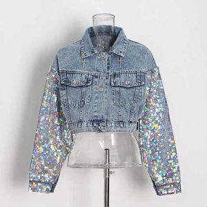 High Quality Women Clothing Fashion Washed Crop Denim <b>Jackets</b> <b>Sequins</b> Blue Denim <b>Jacket</b> Top Product - Product Image 1