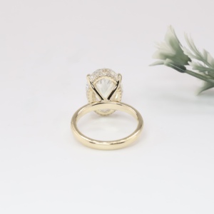 Yellow Gold Oval Cut Lab Grown Diamond Engagement <b>Ring</b> Classic Hidden Halo Solitaire <b>Plain</b> Band Fine Jewelry For Women - Product Image 4