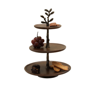 3-Tier Wooden Cake Stand With Antique Brass Leaf Motif Handcrafted Natural Wood <b>Dessert</b> Display Tower For Weddings Birthday - Product Image 1