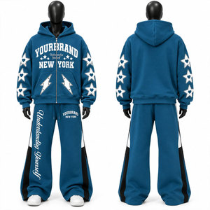 Conjunto de Sudadera y Pantalones con Capucha Azul, Lavado Ácido, Ecológico, de Peso Pesado, Ajuste Regular, Estilo Urbano, con Logo Blanco - Product Image 1