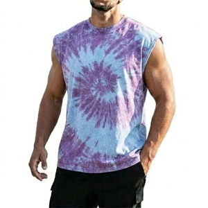 Wholesale Men's Retro Tie Dye Washed Premium Quality 100% Cotton Custom Print Breathable Gym Tank Top with <b>Drop</b> Shoulder - Product Image 3