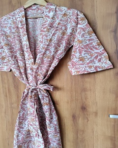 Kimono Antiguo Estampado, Bata de Algodón con Estampado Floral Hecho a Mano, Ropa de Dormir Transpirable de Manga Larga, Tallas Disponibles - Product Image 5