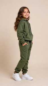 Ensemble de survêtement à capuche vert olive pour filles, manches longues, couleur unie, sweat-shirt et pantalon décontractés avec poches latérales, 100% coton, automne - Product Image 3