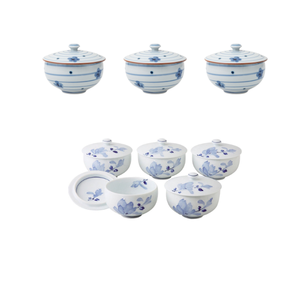 Service de table japonais en céramique d'occasion, 7 pièces, motifs floraux bleus à pois, compatible lave-vaisselle - Product Image 4