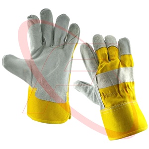 Venta al por mayor de guantes de cuero de vaca de trabajo de cuero dividido de Pakistán con guantes de cuero de construcción de tela de algodón amarillo - Product Image 1