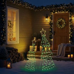 Set of 2 Lighted Metal Christmas <b>Trees</b> Pre-Lit Yard Decor with 150 Green Warm White <b>LED</b> Lights for the Holidays - Product Image 5