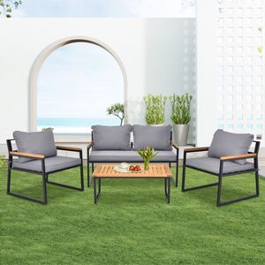 Ensemble de salon de jardin 4 pièces avec structure en métal écologique et table avec accoudoirs en bois d'acacia - Product Image 3