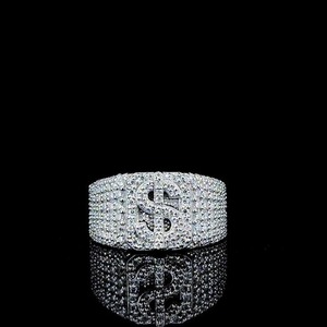Dollar Sign Moissanite Prong <b>Set</b> Unisex 925 <b>Sterling</b> <b>Silver</b> Iced Out Hip Hop Jewellery Statement Band - Product Image 1