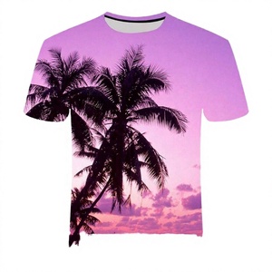 Camiseta de Manga Corta para Hombre, Color Morado, con Estampado de Palmeras y Atardecer, Cuello Redondo, Tejido de Punto, Corte Regular - Product Image 1