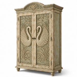 Luxury Hand Carved Rajhans Swan Solid Wood Almirah <b>Wardrobe</b> Cabinet Antique Bedroom Storage Armoire <b>Large</b> Capacity Slab Doors - Product Image 2
