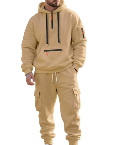 Men's Casual Sports Suit Terry Fabric 100% Cotton Breathable Knitted 300g Solid Multi Pocket Fashionable Hooded Two-Piece Set - Product Image 1