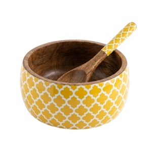 Stylish Decorative Wooden Serving <b>Bowl</b> and Spoon Set <b>Large</b> 10-Inch Enamel Coated Salad <b>Bowl</b> for Home & Hotel Supply - Product Image 5