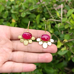 Trendy women's <b>earring</b> oval cabochon fuchsia chalcedony dangle <b>earring</b> solid brass 18k gold plated brushed finish texture drops - Product Image 2