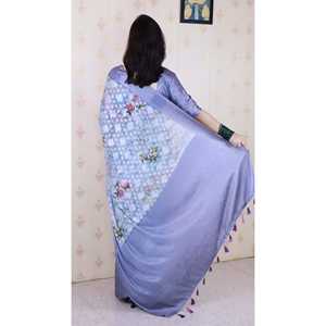 ผ้าซารีเนื้อจอร์เจต์สีฟ้าพิมพ์ลายดอกไม้ปักดิ้นทอง สำหรับชุดเพื่อนเจ้าสาว - Product Image 5