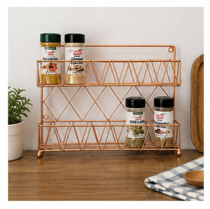 Étagère à épices de luxe moderne en métal or rose, sur pied, à 2 niveaux, gain de place, pour cuisine, rangement d'assaisonnements, accessoires - Product Image 6