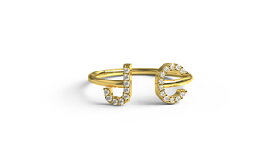 18K Gold Two <b>Initial</b> <b>Ring</b> Pave Diamond Letter J C Alphabet Open Adjustable <b>Ring</b> Monogram Name Bypass Band Fine Jewelry Women - Product Image 1