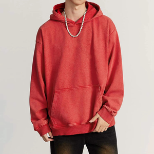 Sudadera con Capucha Roja para Hombre, Corte Holgado, Color Sólido, Informal, Tejida, Manga Larga, con Bolsillos, para Otoño - Product Image 1