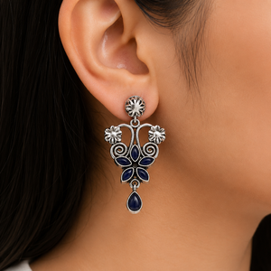 Wholesale Oxidized Silver Alloy <b>Sapphire</b> Bezel Set Dangle Trendy Drop <b>Earrings</b> from Rajasthan Women's Gift Bulk Supplier - Product Image 1