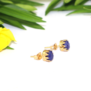 Unique Designer Fancy Shape 7 MM Dyed <b>Blue</b> Sapphire Gemstone 22k Gold Plated Crown <b>Stud</b> <b>Earring</b> For Women Girl Wholesale Jewelry - Product Image 2