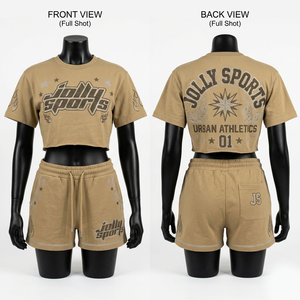 GSM Cotton Terry Women Crop Top Short Set Beige Crystal <b>Studded</b> Puff Print Heat <b>Press</b> CustomLogo 100% Cotton T shirt & Short Set - Product Image 1