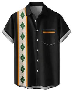 Chemise à manches courtes boutonnée à imprimé rayé argyle noir personnalisé, style décontracté, streetwear d'été pour hommes, fabricant OEM sur mesure, approvisionnement en gros - Product Image 1