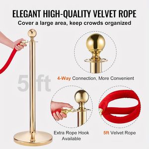 4 montanti montanti in acciaio inossidabile di altezza 37 piedi di lunghezza 3 corde in velluto rosso Design Top a sfera d'oro per il controllo della folla per matrimoni - Product Image 2