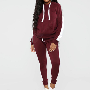 Women Maroon Hooded <b>Tracksuit</b> Set Full Sleeve Color Blocking Casual Autumn Wear Drawstring Pants Side Pockets - Product Image 2
