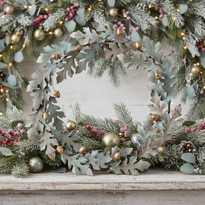 Couronne rustique en métal, fabriquée avec des feuilles de chêne patinées de verdigris et accentuée de des acorns dorés chatoyants pour la décoration d'automne - Product Image 2