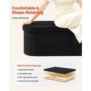 Grand pouf de rangement ovale noir en polaire Teddy, banc de bout de lit pliable rembourré, coffre de rangement pouf, supporte 660 lb pour le salon - Product Image 5