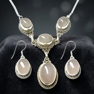 925 Sterling Silver Pink Rose Quartz Necklace Earrings Set Oval Cabochon Bezel Setting Women's Romantic Bohemian Jewelry Gift - Product Image 2