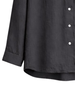 Ensemble deux pièces en lin noir pour femme, chemise à manches longues boutonnée et pantalon large à taille élastique, tenue décontractée - Product Image 2