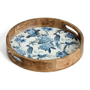 Plateau de service populaire et élégant en bois d'acacia, motif dessin animé poli, écologique, pour café, desserts, cuisine, salon, plantes - Product Image 5