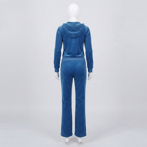 Ensemble de survêtement pour femme en velours bleu uni avec broderies, coupe ajustée, longueur intégrale, décontracté, hiver, 100% coton - Product Image 3