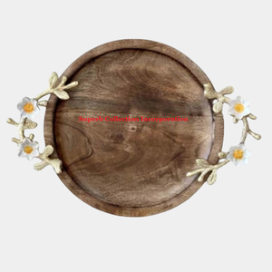 Wholesale Factory Supplies <b>Round</b> Mango Wood Printed Serving <b>Tray</b> With Blue Pattern Decorative For Residential Use - Product Image 3