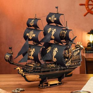 Black <b>Pirate</b> <b>Ship</b> <b>Model</b> With Gold Seahorse Sails Metal Craft Decor For Home Display - Product Image 1