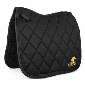 Almohadilla de Silla de Montar Acolchada Negra Personalizada con Logotipo Dorado, Malla Transpirable, Unisex, 140g, Tejida, Estampado Digital, Cintura Media, Sin Mangas - Product Image 1