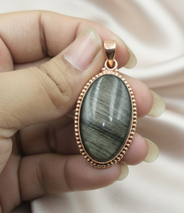 Colgante Ovalado de Obsidiana con Brillo Plateado, Plata de Ley 925, Joyería Hecha a Mano, Chapado en Oro Rosa y Oro Amarillo, Collar Boho, Regalo Unisex - Product Image 3