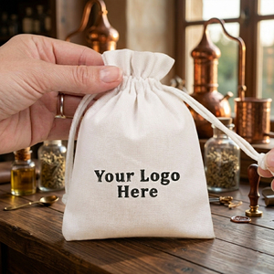 Sac d'emballage cadeau en coton biologique recyclable imprimé sérigraphié avec cordon de serrage pour bijoux, montres, lunettes - Personnalisable - Vente en gros - Product Image 1