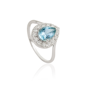 Fabricante de Diseños Personalizados de la Mejor Calidad 1ct. Anillo Halo con Forma de Pera de Aguamarina y Diamantes, Última Moda en Joyería Fina de Oro Blanco de 14K - Product Image 3