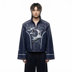 Streetwear <b>Real</b> <b>Leather</b> Bomber <b>Jacket</b> With Moon Embroidery Streetwear Style Autumn Zipper Closure Stand Collar - Product Image 1