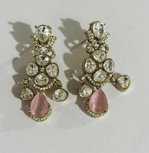 Luxury Pink <b>Cat</b> Eye Pan Shape Stone & Crystal Statement Drop <b>Earrings</b> Gold Plated Bridal Wedding Party <b>Earrings</b> for Women - Product Image 3