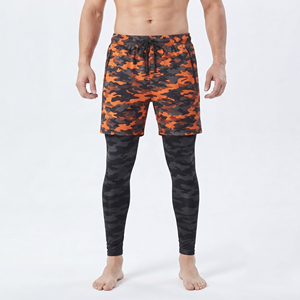 Shorts de compression pour hommes à imprimé camouflage, taille mi-haute avec cordon de serrage, séchage rapide, pour yoga et sport, double couche - Product Image 1