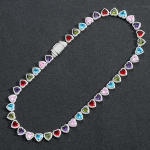 Solid 925 Sterling Silver Iced-Out VVS Moissanite Multicolor Heart Tennis Chain Vibrant Hip-Hop Candy Drip Fashionable <b>Necklace</b> - Product Image 2
