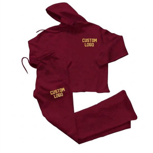 Conjunto de chándal con capucha color granate con logo personalizado, de algodón, estilo casual para adultos, estilo otoñal, conjunto de entrenamiento. - Product Image 1