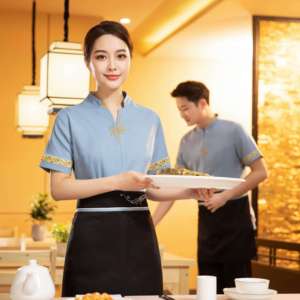 Camisa de Uniforme para Camarera de Manga Corta Azul Claro para Mujer con Bordado Dorado y Delantal Negro para Uso en Restaurantes - Product Image 1