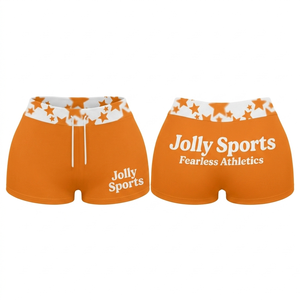 Shorts de sport pour femme en polyester et élasthanne premium 280 GSM, bleu marine beige, avec cordon de serrage et logo brodé. - Product Image 5