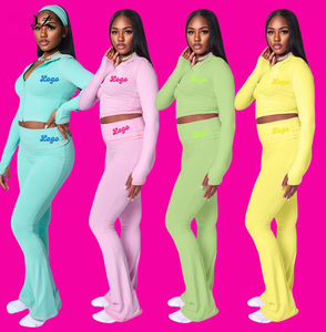 Ensemble de yoga 3 pièces évasé pour femme de haute qualité, veste unie à col rond et manches longues avec fermeture éclair frontale, séchage rapide, en Spandex/Nylon, haut de fitness - Product Image 3