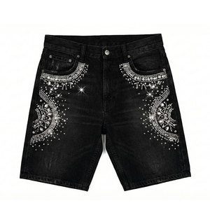 Jean décontracté pour homme, style streetwear, coupe droite ample, délavé vintage, effet usé, avec strass, en denim, anti-plis, fermeture éclair - Product Image 2
