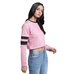 Pink <b>Cropped</b> Long Sleeve <b>Sweatshirt</b> Women's O-Neck Solid Color Casual Wear 100% Cotton Knitted Autumn Style - Product Image 4